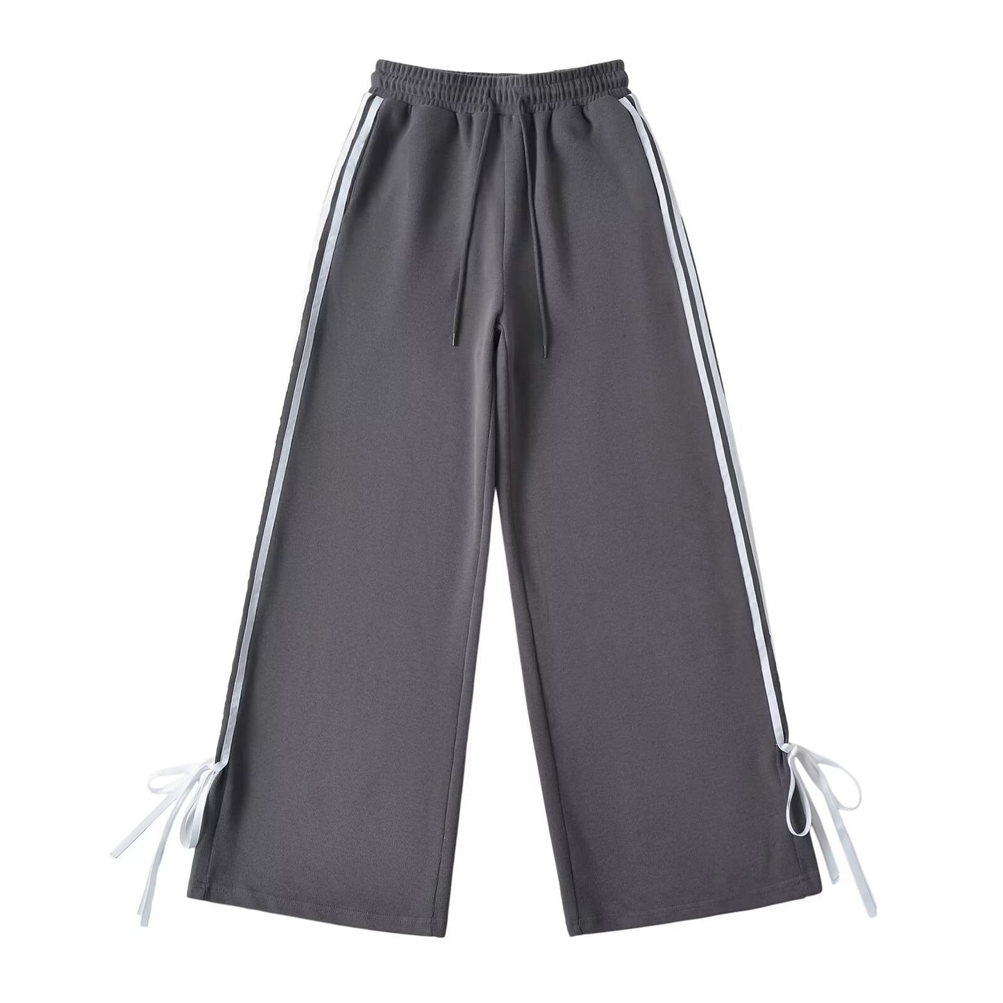 Side-striped Bow-tie-detailed High-waist Casual Loose Wide-leg Straight Pants