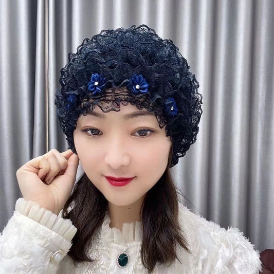 Four Seasons Little Flower Toque Cover Gray Hair Cap Lace