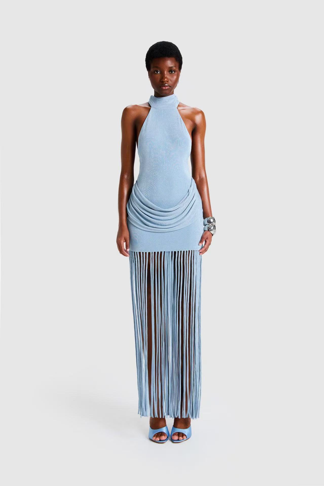 Womens Halterneck Backless Fringe Sexy Bodycon Dress