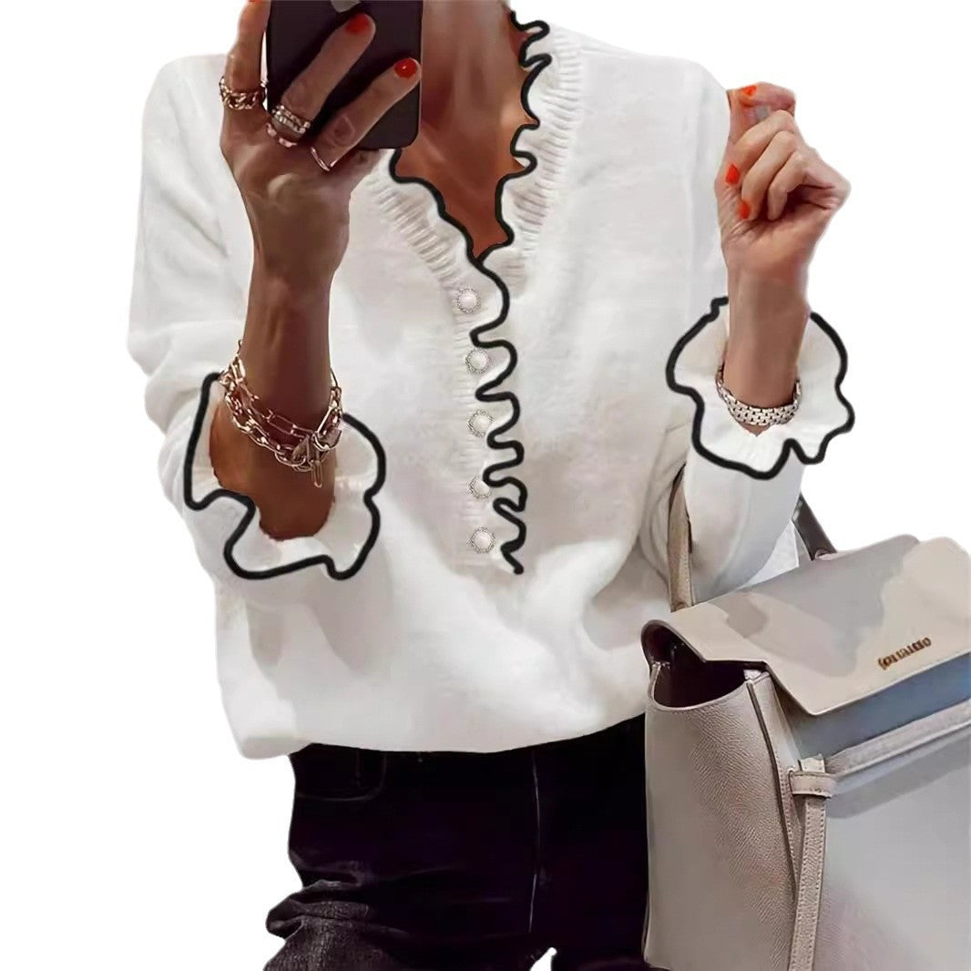 Fashion Color Contrast Wooden Ear Pearl Button Long Sleeve V-neck Sweater Pullover