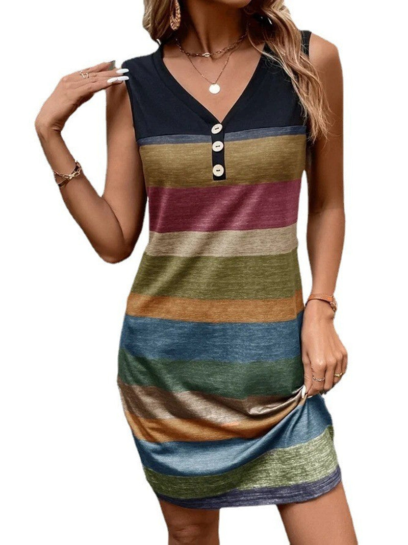 Striped Printed Button Loose Sleeveless Dress