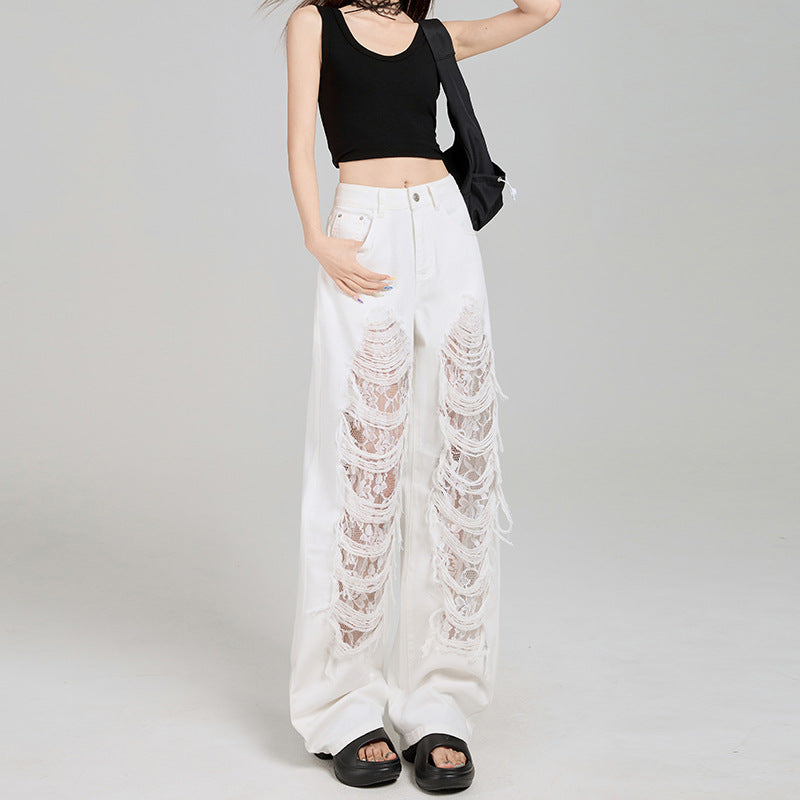 Women's Off-White Ripped Lace High-Waist Loose Denim Jeans