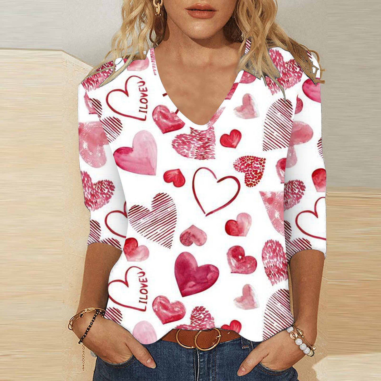 3D digitaltryk Valentinsdag Hjerteprint Kvinders søde afslappede løse V-hals 3/4-ærmet T-shirt