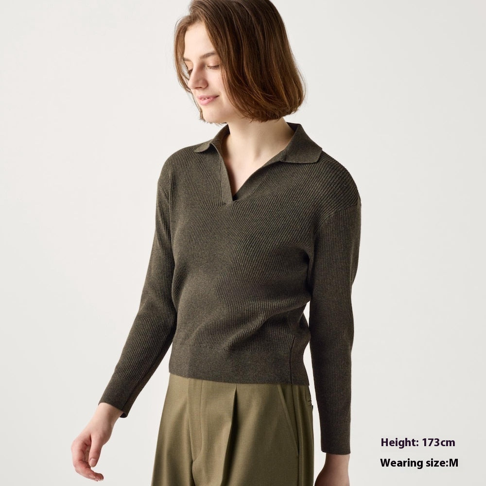 Women's Machine Washable Rib Half-open Collar Sweater