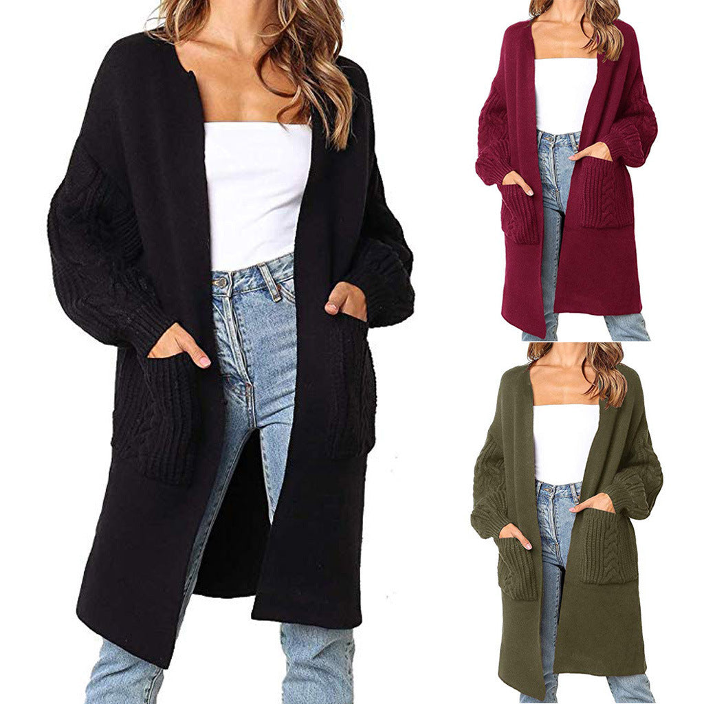Knitted Cable Lantern Sleeve Coat Sweater