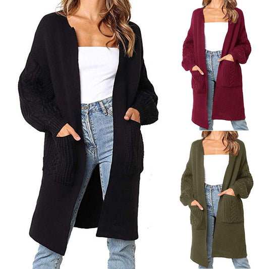 Knitted Cable Lantern Sleeve Coat Sweater