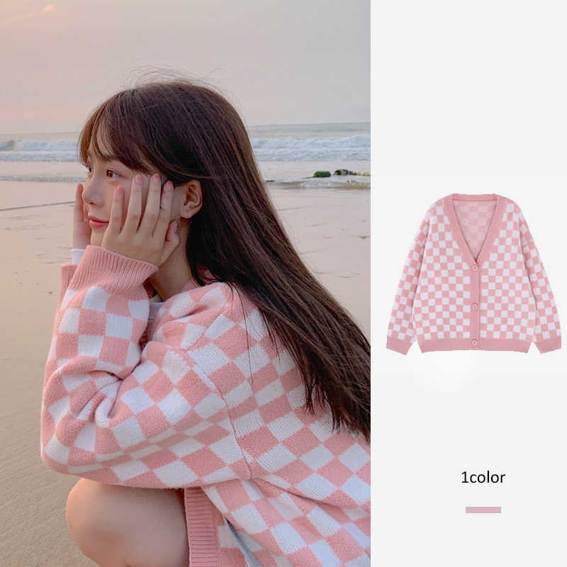 Chessboard Plaid V-neck Knitted Cardigan Coat Women's Loose Sweater