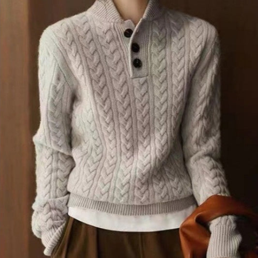 Baseball Collar Twisted String Textured Knitted Sweater For Women