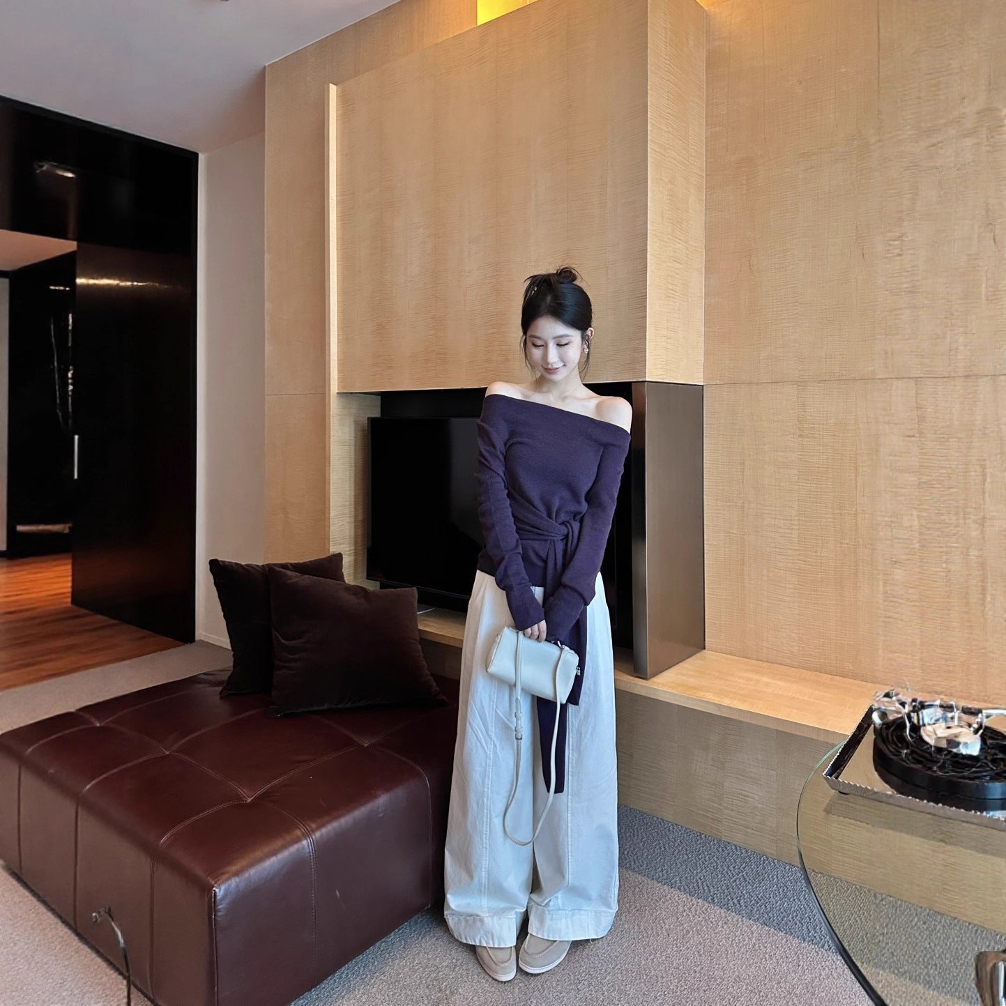 Women's Shoulder Waist Trimming Knitted Long Sleeve
