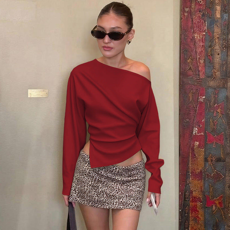 Women's Fashion Simple Shoulder Stretch Slim Fit Slit Long Sleeve Top