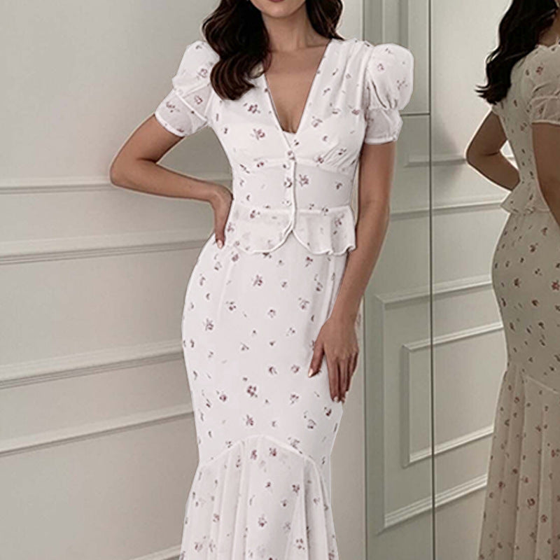 Women's Fashionable Casual Printed Short-Sleeve Long Dress Set