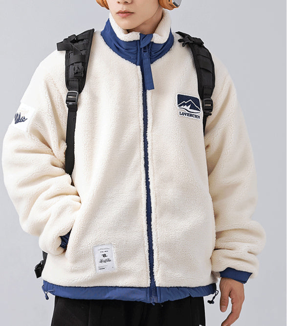 Stand Collar Milky White Lamb Wool Cotton Coat Men