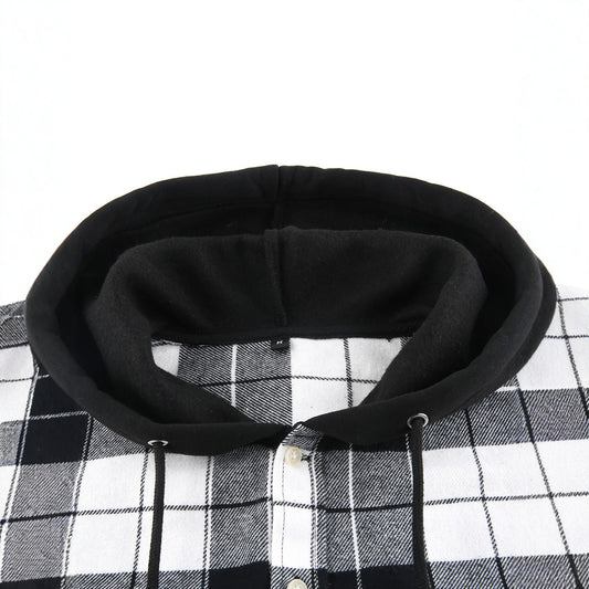 Men's Plaid Shirt Casual Hooded Jacket With Two Pockets