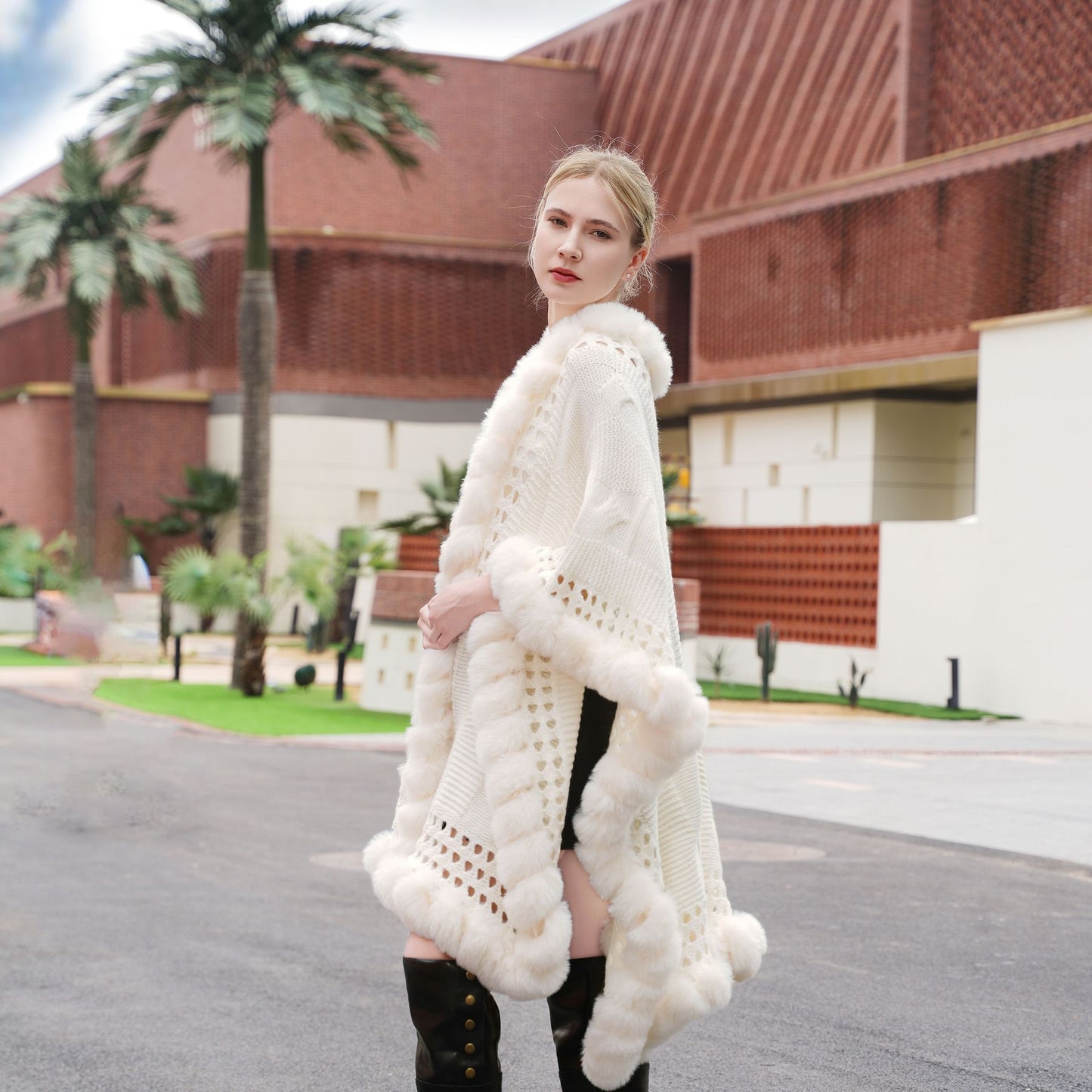 Autumn And Winter New Knitted Hollow-out Wool Cloak Extended Artificial Wool Cardigan Coat