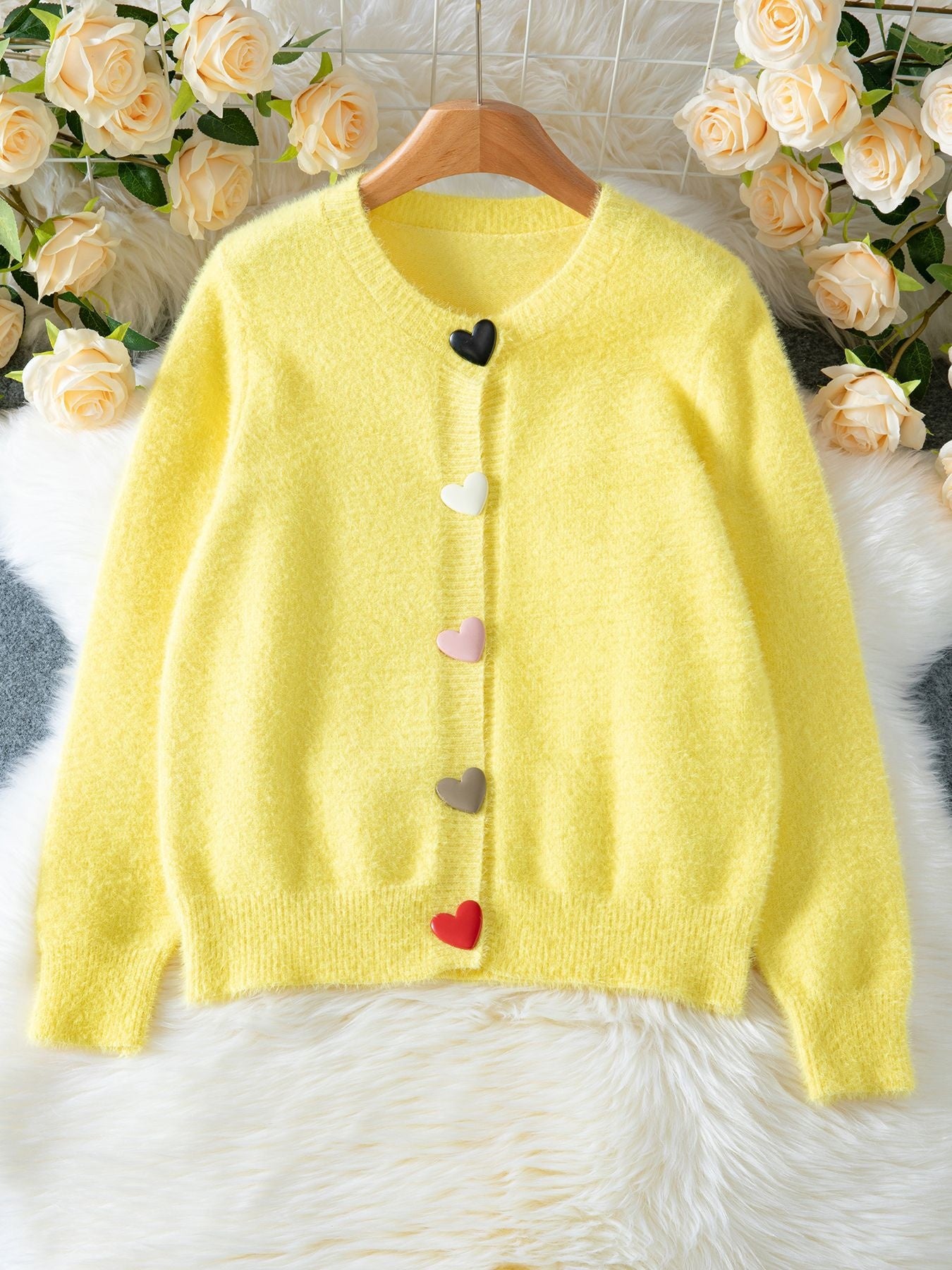 Crew Neck Casual Color Heart-shaped Button Sweater
