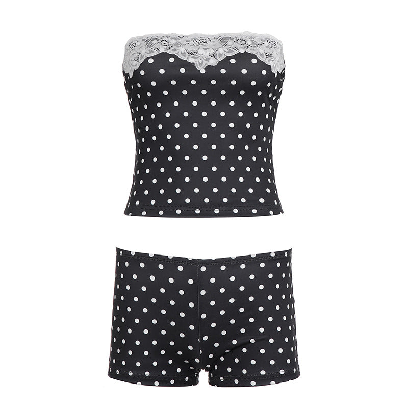 Autumn Pure And Seductive Sexy Color-block Polka-dot Tube Top And Shorts