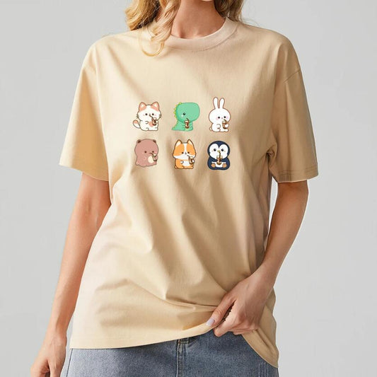 Boba Love Friend Loose Round Neck Print T-shirt
