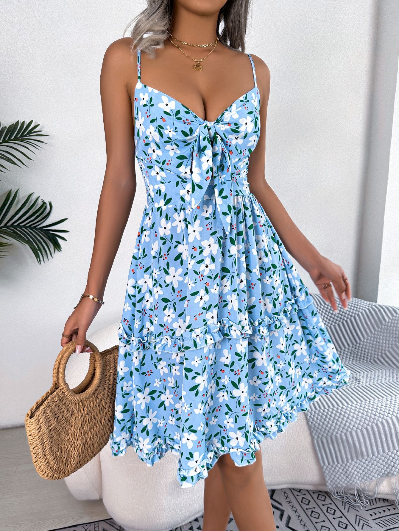 Women's Casual Floral Print Bow Ruffle Trim Camisole Dress