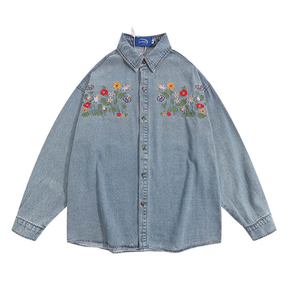Spring And Autumn Floral Embroidery Washed Faded Loose Shirt Coat