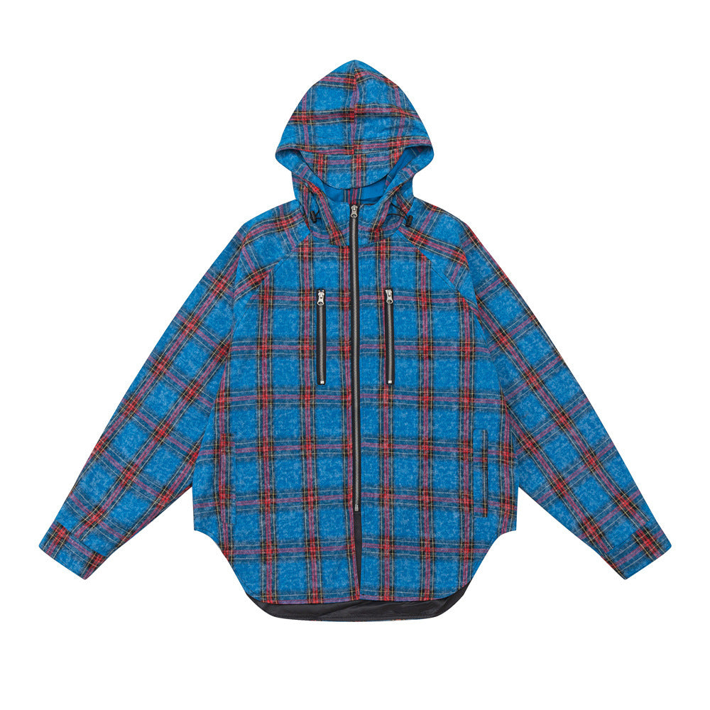 European And American Style Plaid Long Sleeve Hooded Shirt Coat