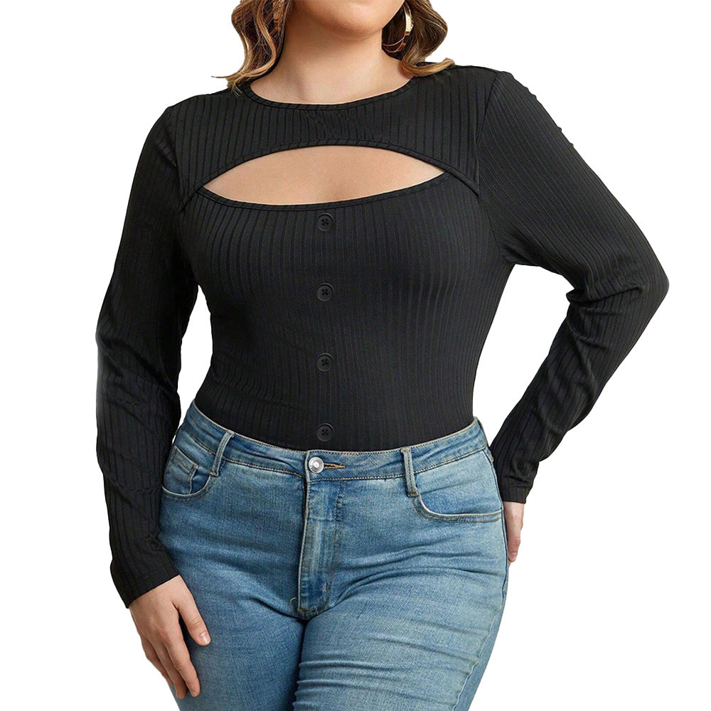 Women's Slim Fit Round Neck Sexy Hollow Long Sleeve Versatile Top