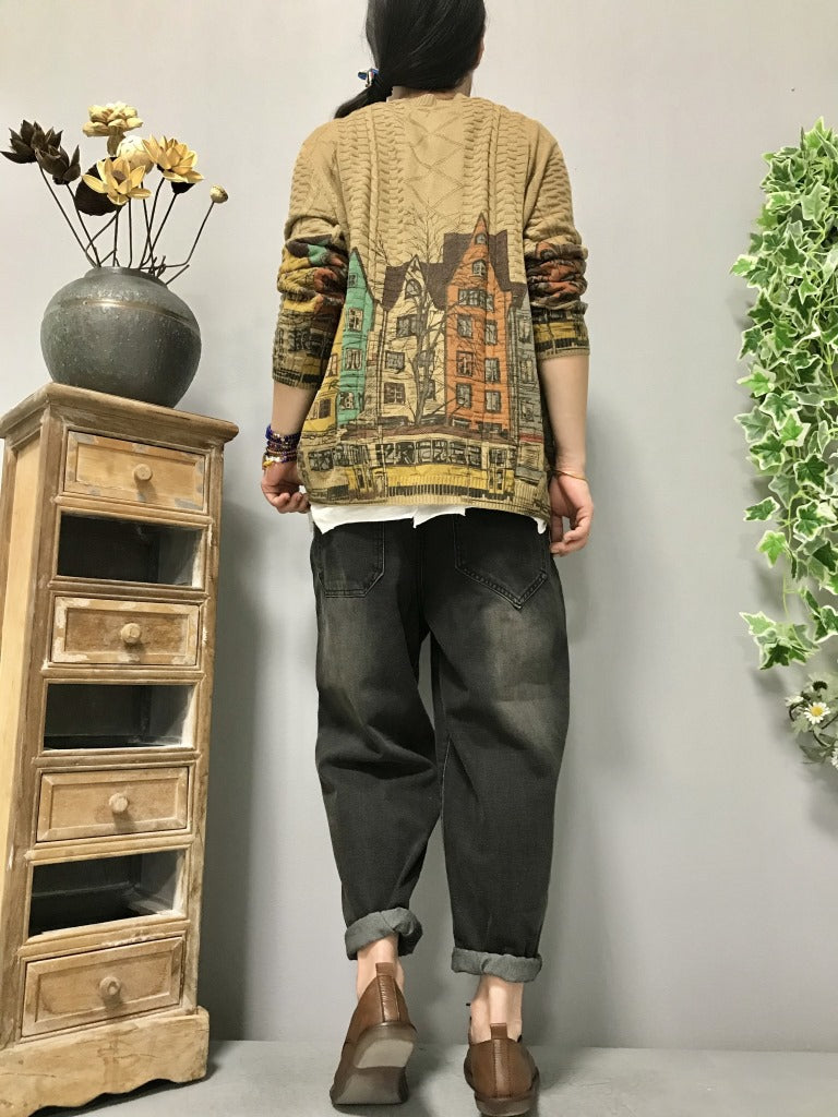 Retro Literary Ethnic Style Painted Ladies Jeans