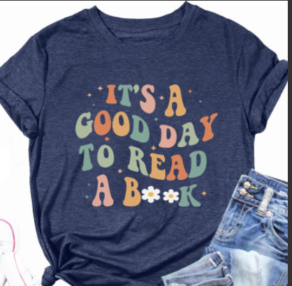 Bog Blomstret Trykt Farvet Bomulds T-shirt