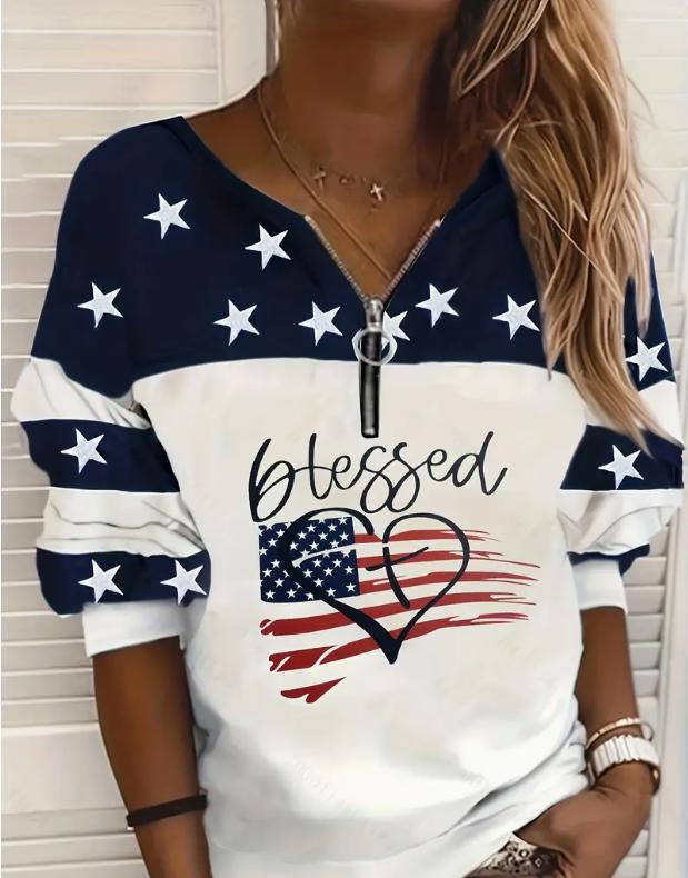 Trendy Afslappet Flag-Sweatshirt Med Halv Lynlås