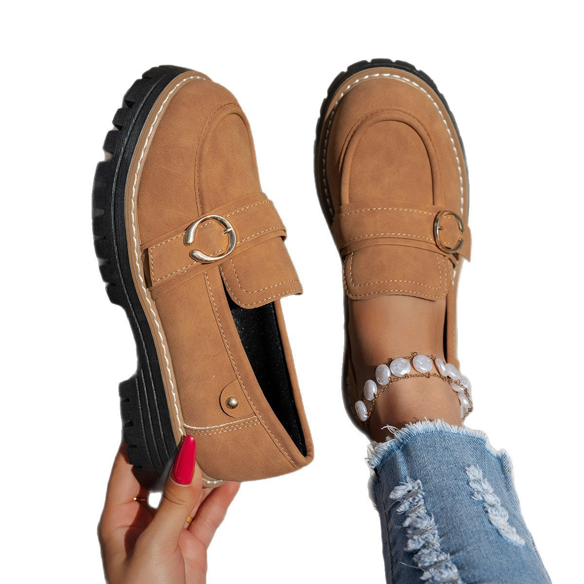 Buckle Thick Bottom Low Cut Round Head Pumps
