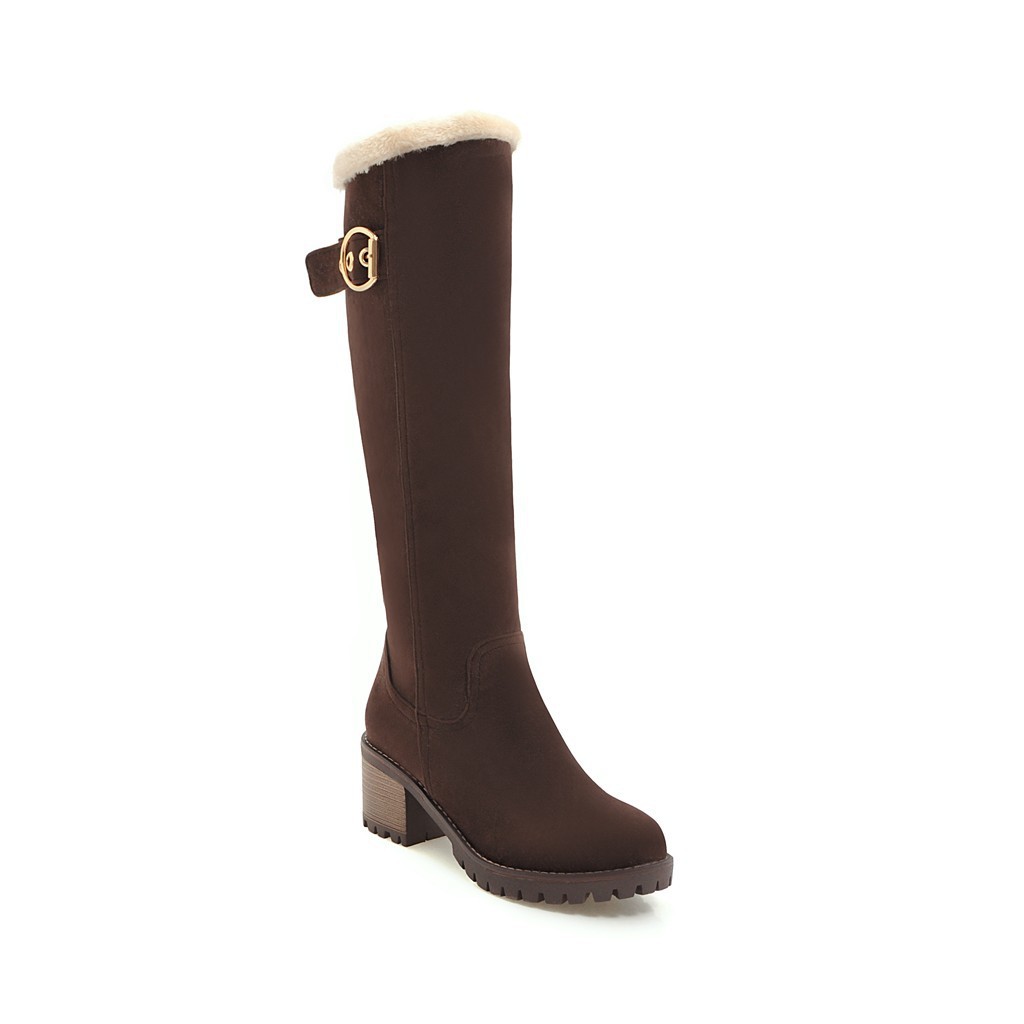 Medium Chunky Heel Suede Buckle Zipper Versatile Warm Knee-length Boots