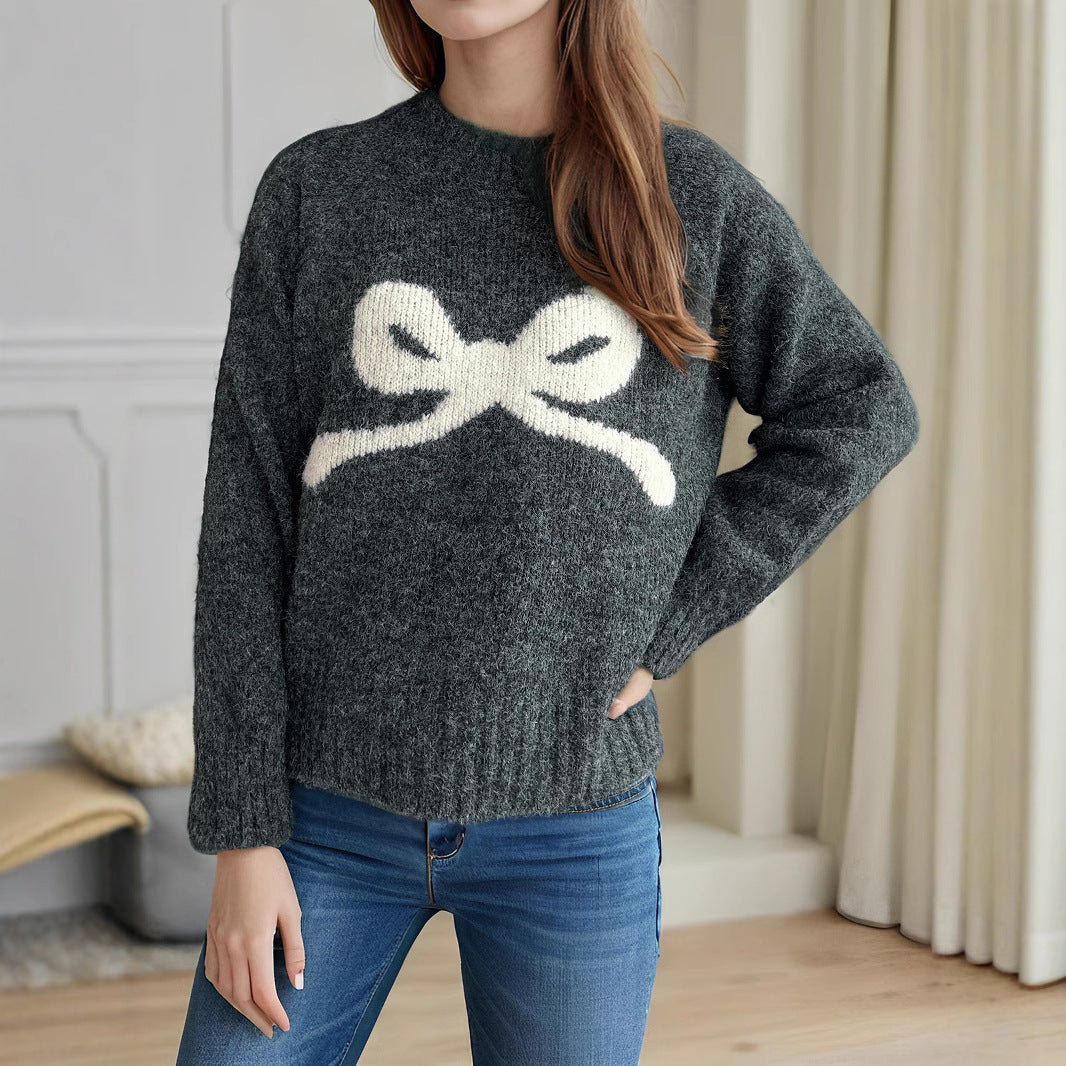 Women's RoundNeck Knitted Sweater With Bow Tie Outerwear Top