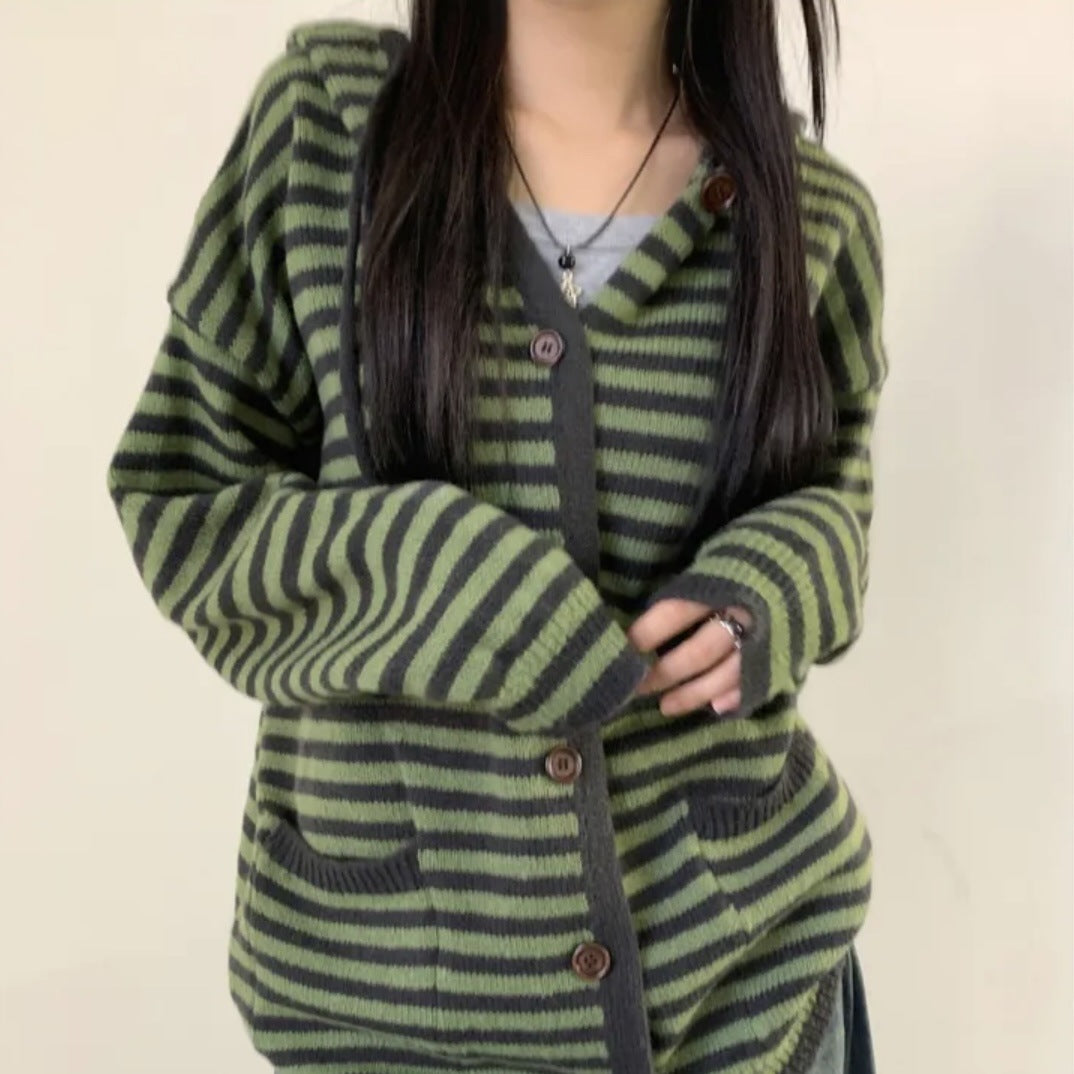 Hooded Single-breasted Knitted Cardigan Loose Sweater Coat