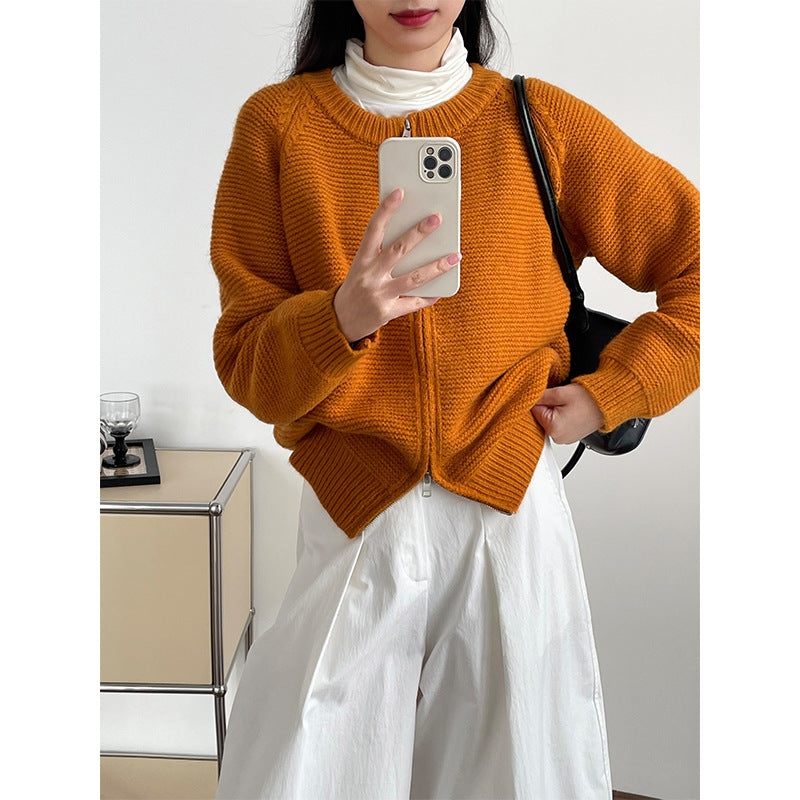 Sweater Double Zipper Sweater For Women Loose And Lazy Style Crew Neck Coat