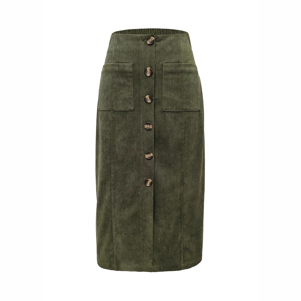 Leisure Commute Elastic Waist Breasted Patch Pocket Mock Fly Straight Mid-length Skirt