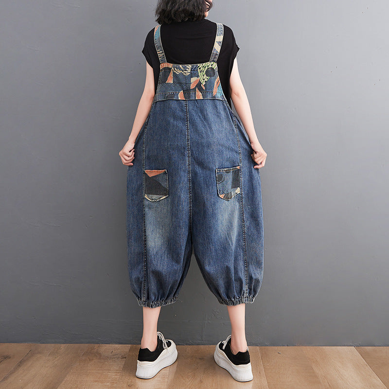 Age-reducing Denim Overalls Shorts Women's Printed Stitching Casual