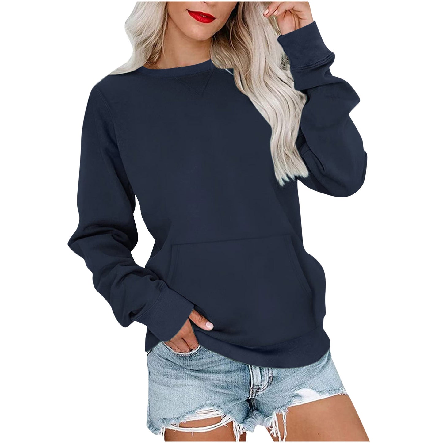 Ensfarvet pullover sweatshirt med lomme moderigtig løs rund hals langærmet top dametøj