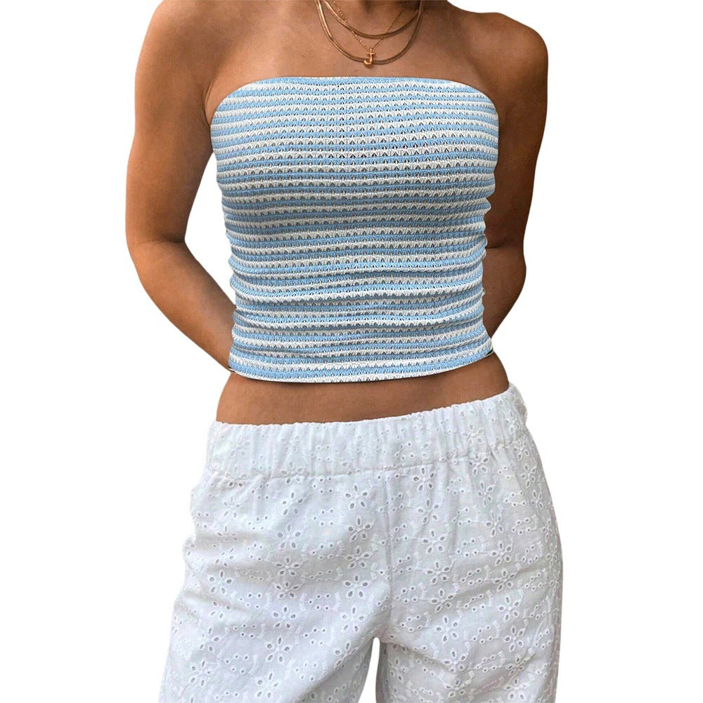 Blue And White Striped Strapless Sleeveless Off-shoulder Cropped Tank Top
