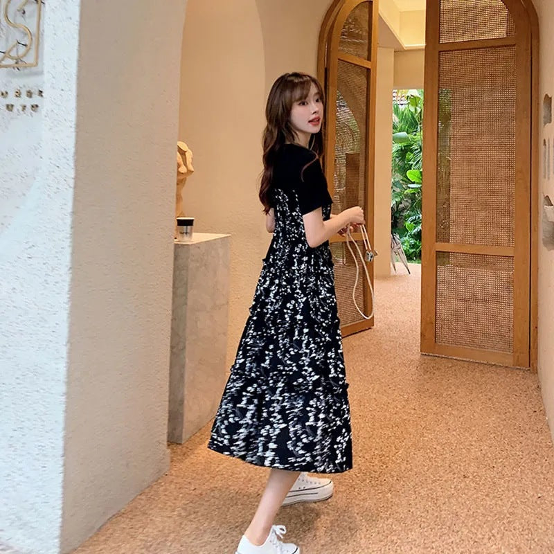 Faux Two-piece Loose-fit Patchwork Midi Short-sleeve Floral Mini Black Dress