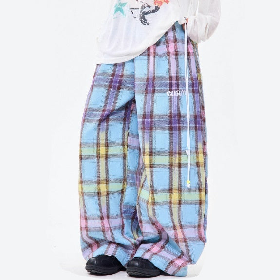 Retro Color Gradient Plaid Straight Casual Pants