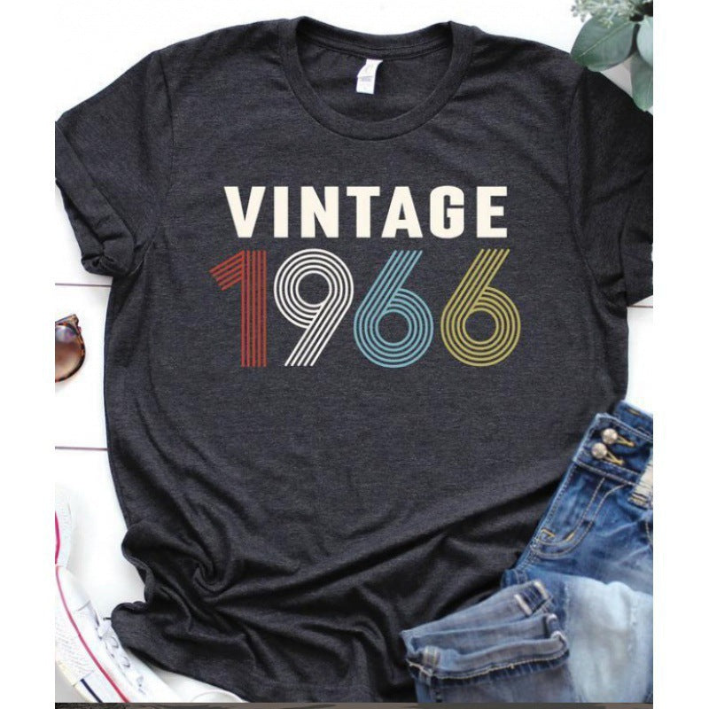 European And American Retro Color Digital Print T-shirt Short-sleeved Top