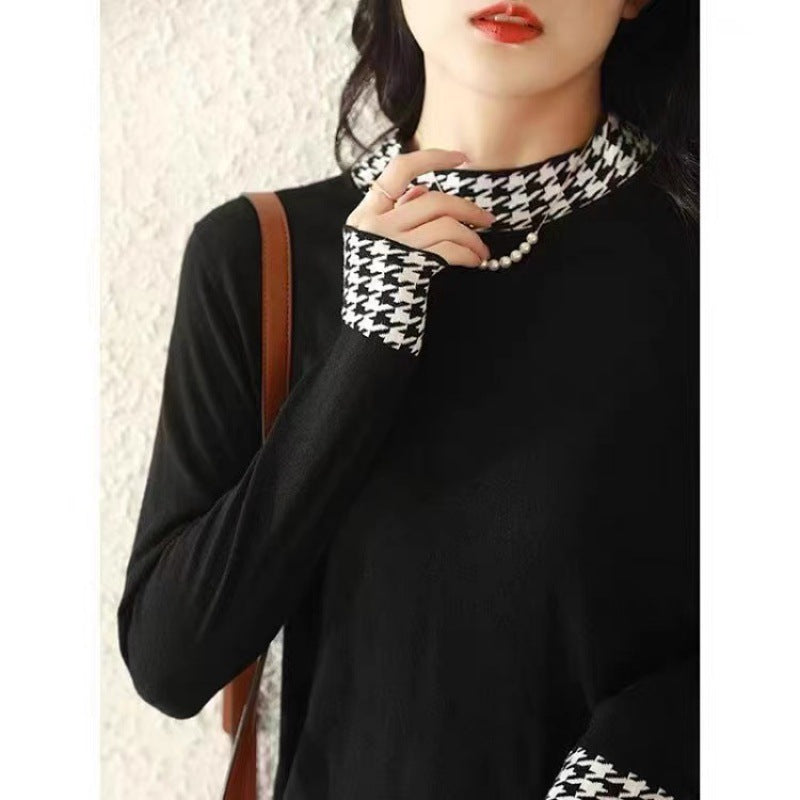 Women's Fashion Houndstooth Stitching Long-sleeved Sweater
