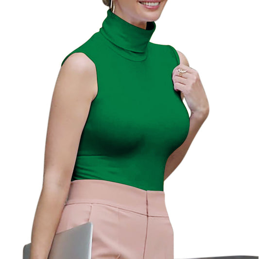 Women's Turtleneck Sleeveless Stretch Cotton T-shirt Vest