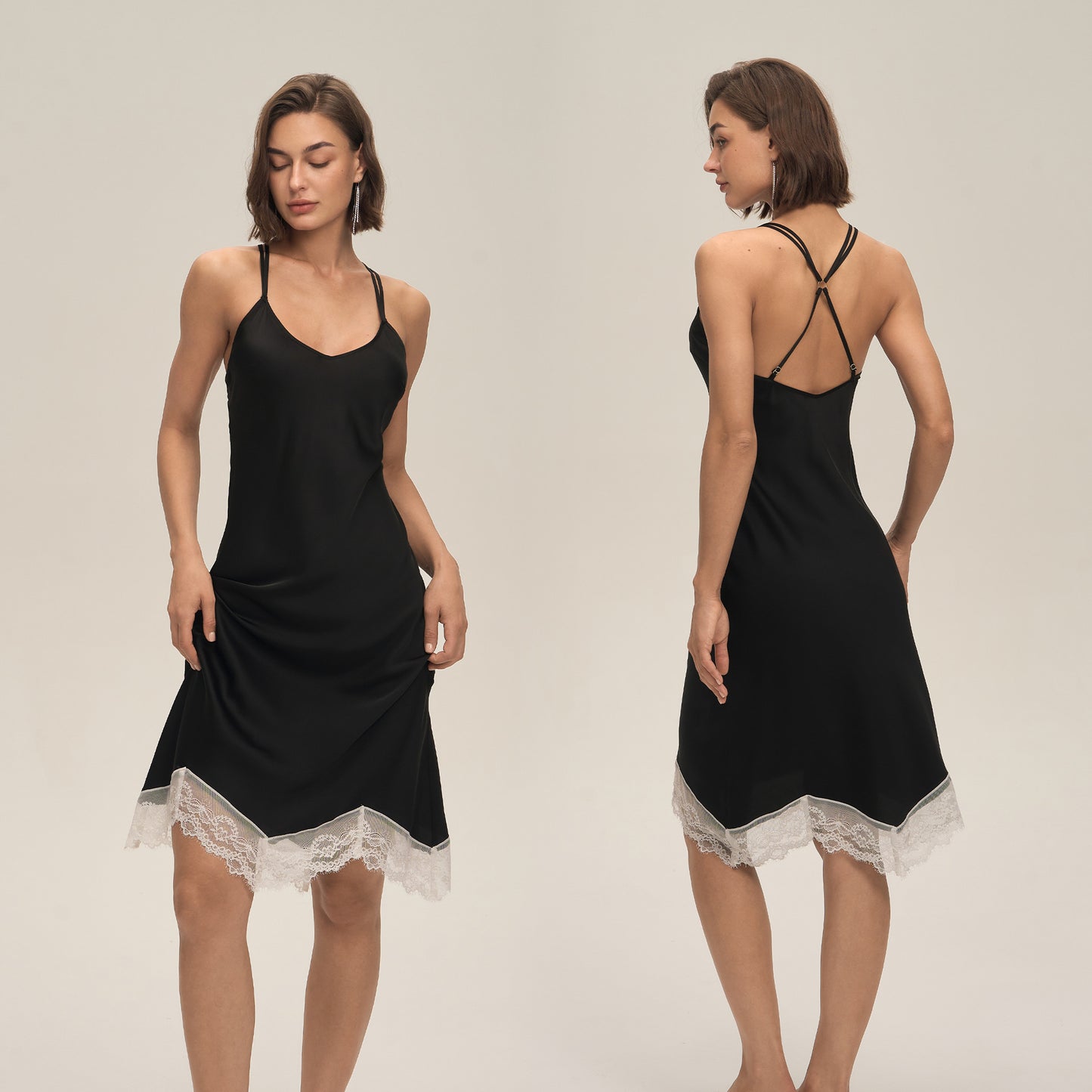 Solid-color Satin Patchwork Lace Backless Camisole Pajamas