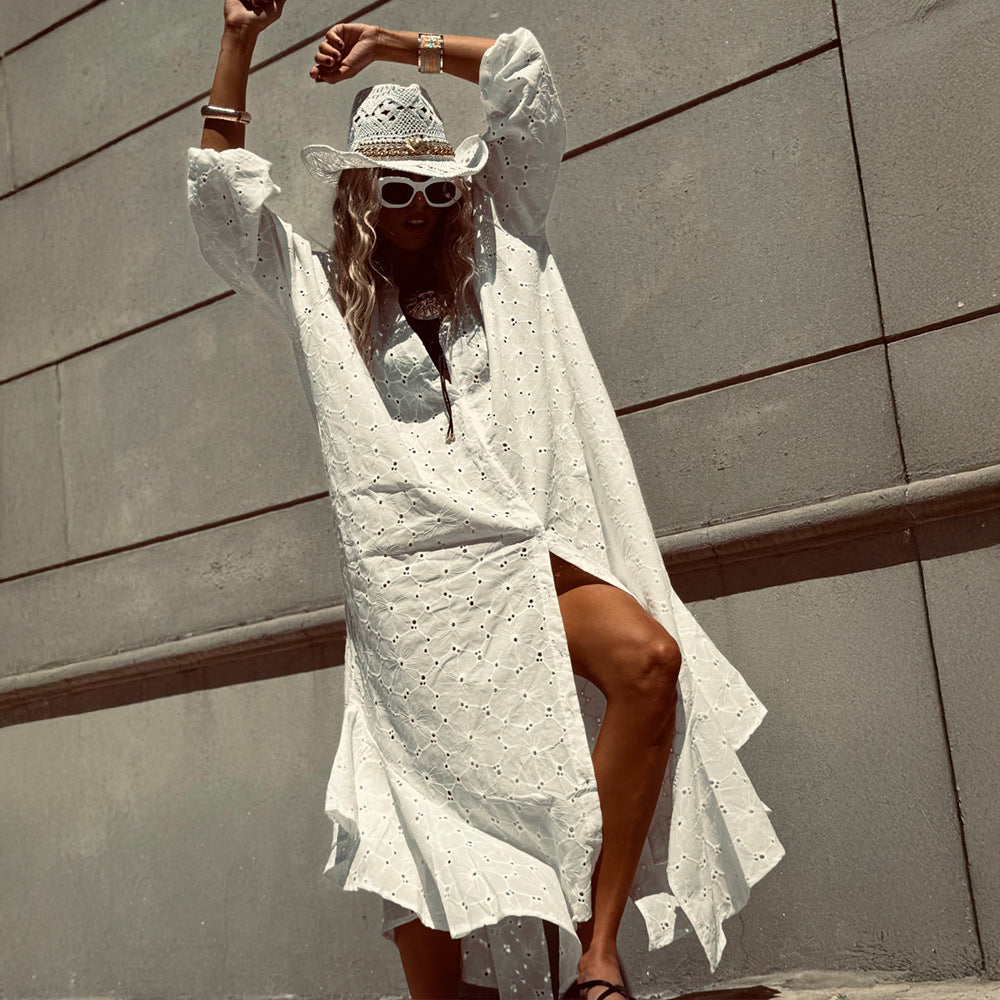 Loose-fitting, Single-breasted Embroidery Dress With Ruffled Hem