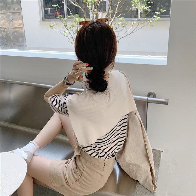 Female Niche Knitwear Striped Fake Two-piece Top Ice Silk T-shirt