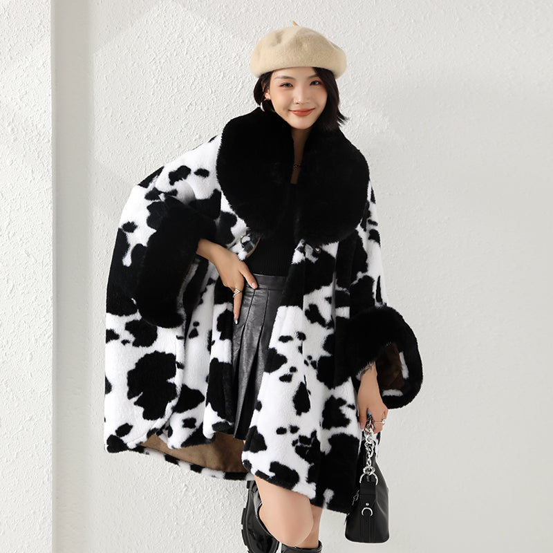 Oversize Loose Large Wool Collar Thickened Printed Coat