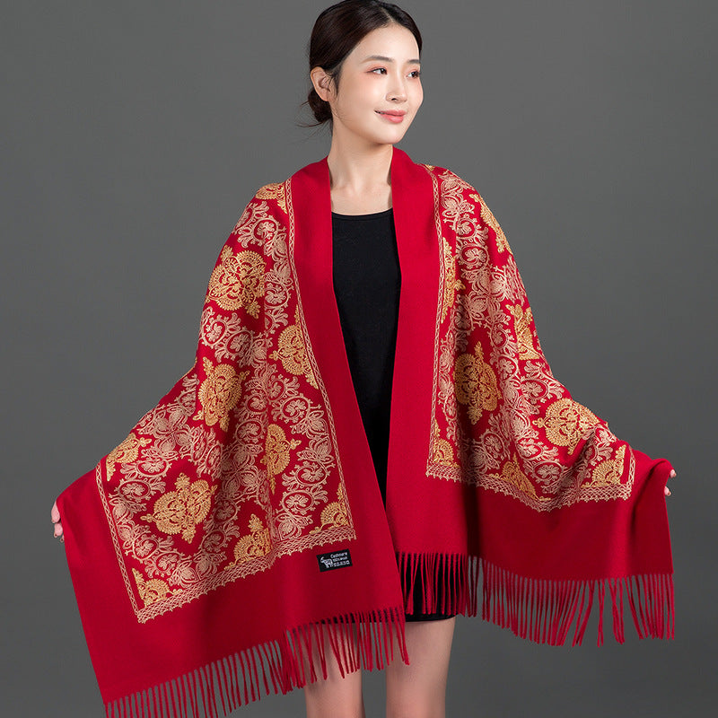Ethnic-style Faux Cashmere Embroidered Shawl Scarf