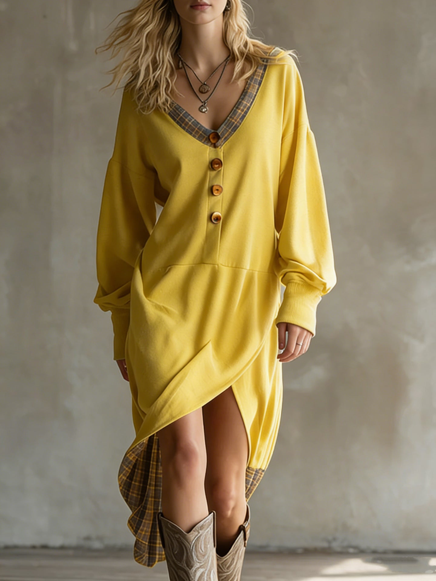 Double Sided Fleece Fabric Dress With A V Neck Long Sleeves And A Contrasting Hem And Neckline