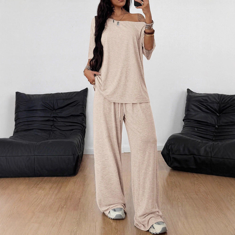 Women's Casual Solid-Color Sports Two-Piece Set With Loose-Fit Trousers