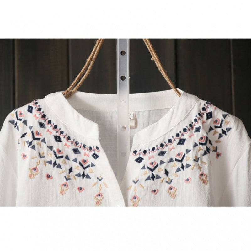 Womens Loose Versatile White Long-Sleeve Embroidered Shirt